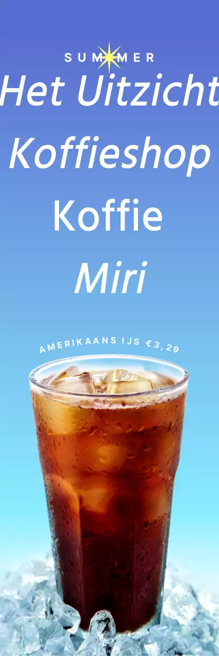 Een luchtige, zomers geïnspireerde banner buiten een café met tekst en foto-illustraties van zomerse drankjes.