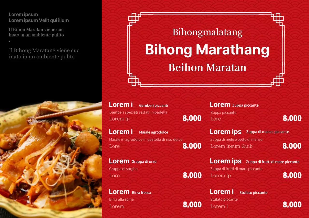 Cartellone del menu multilingue della cucina Maratang in rosso con foto