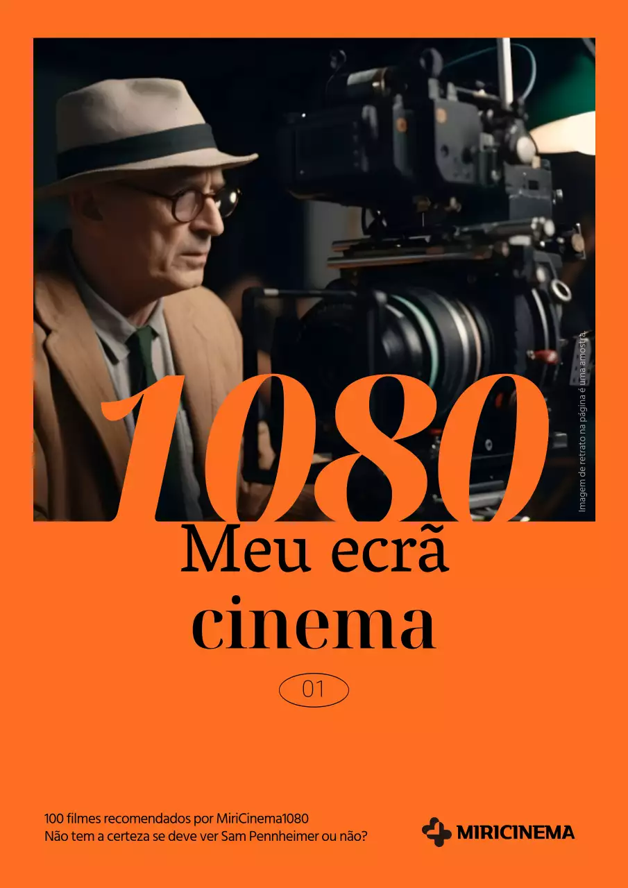 Uma revista de cinema com um fundo laranja simples e fotografias de pessoas