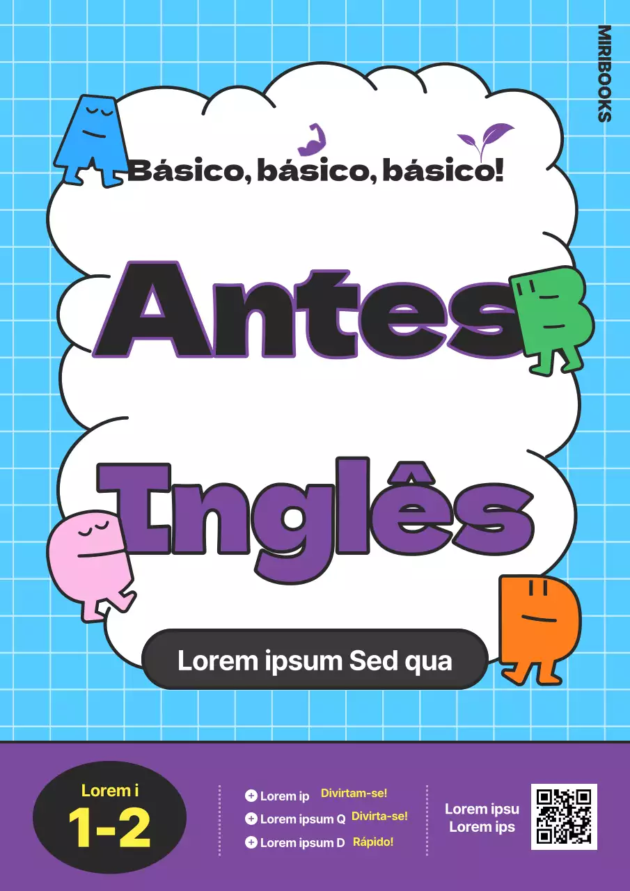 Livro didático de inglês do ensino primário com caracteres do alfabeto em azul-púrpura claro