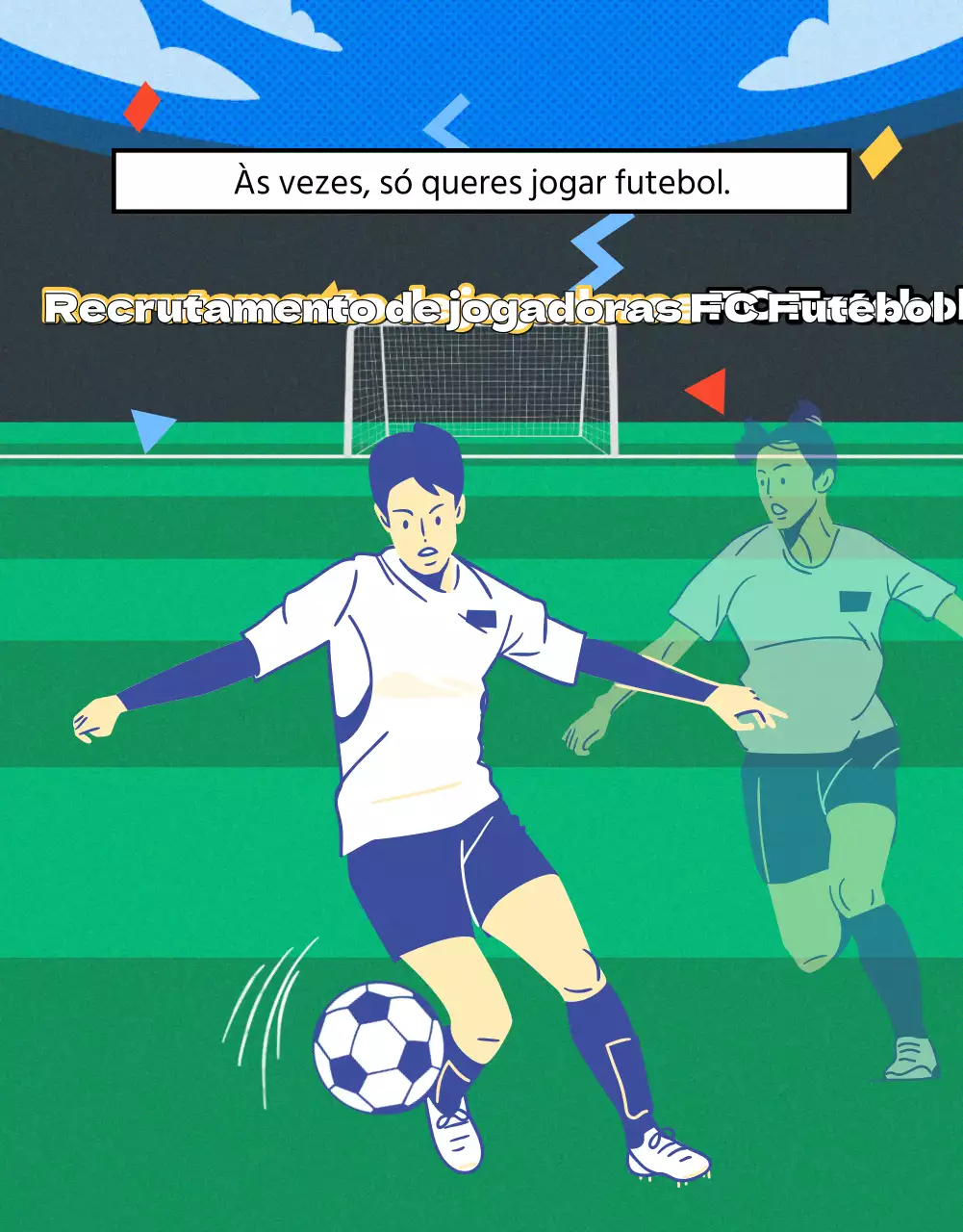 Folheto de recrutamento de futebol feminino com uma imagem de um campo de futebol verde