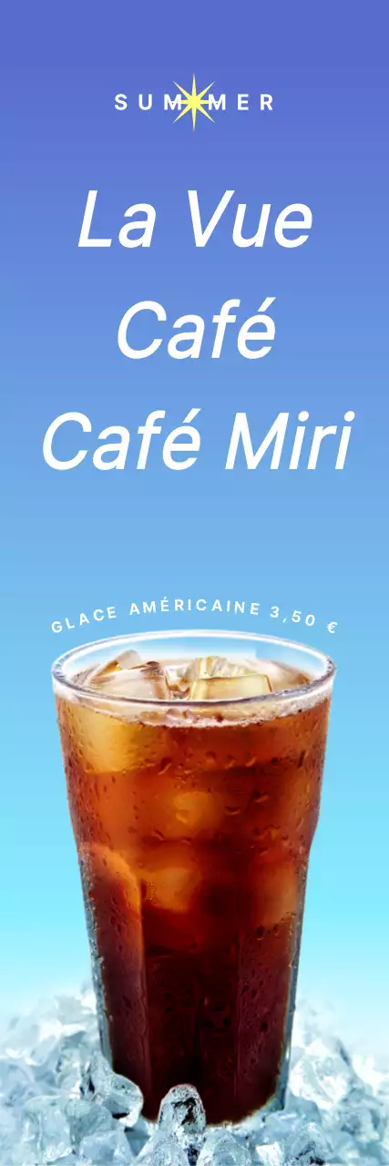 Une bannière d'inspiration estivale à l'extérieur d'un café avec un texte et des illustrations de boissons estivales.