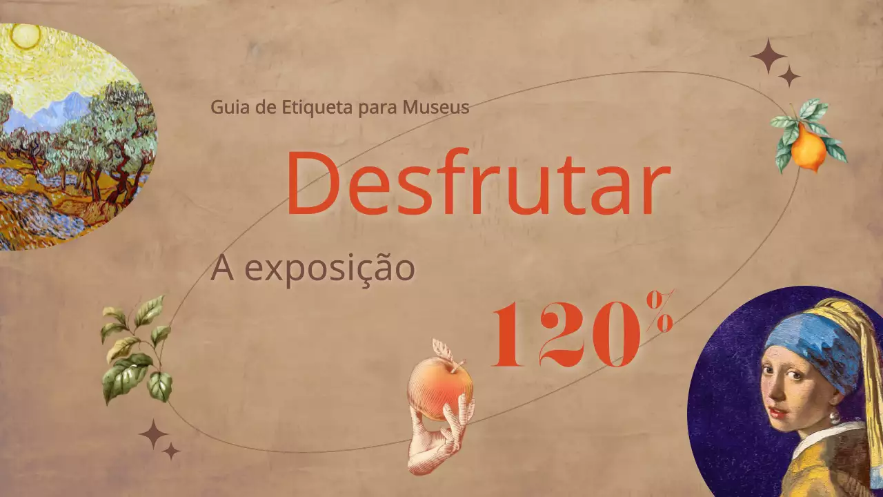 Um luxuoso guia de galeria de arte com fundos castanhos e toques de laranja