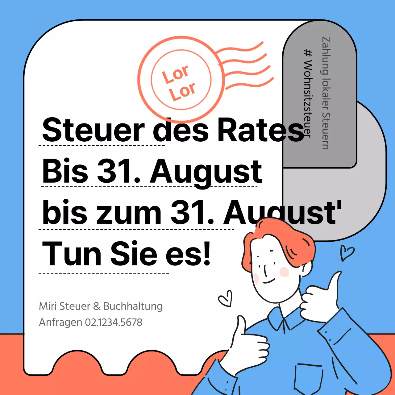 Hellblaue und orangefarbene Illustration der Anweisungen zur Zahlung der Wohnsitzsteuer