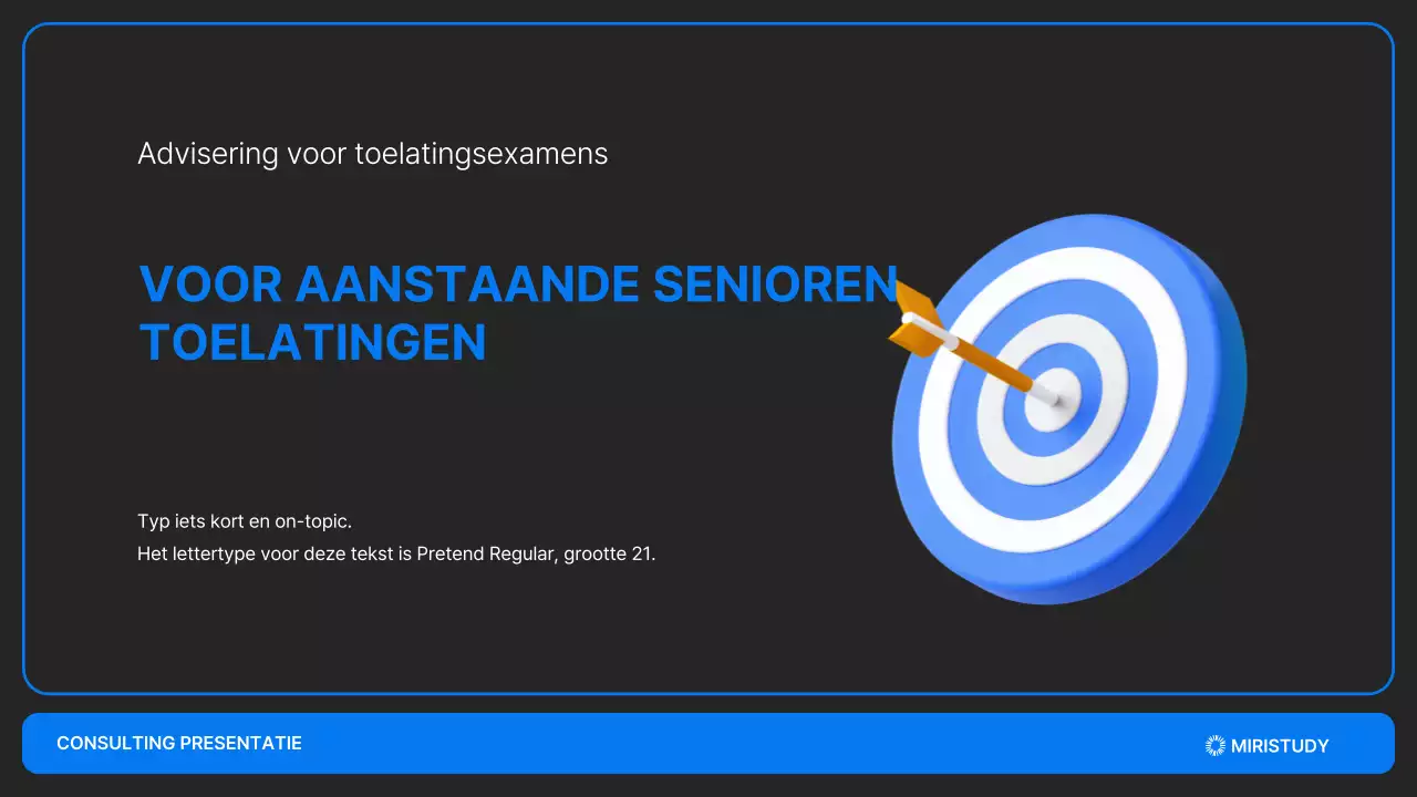Een minimalistische toelatingspresentatie in zwart en blauw