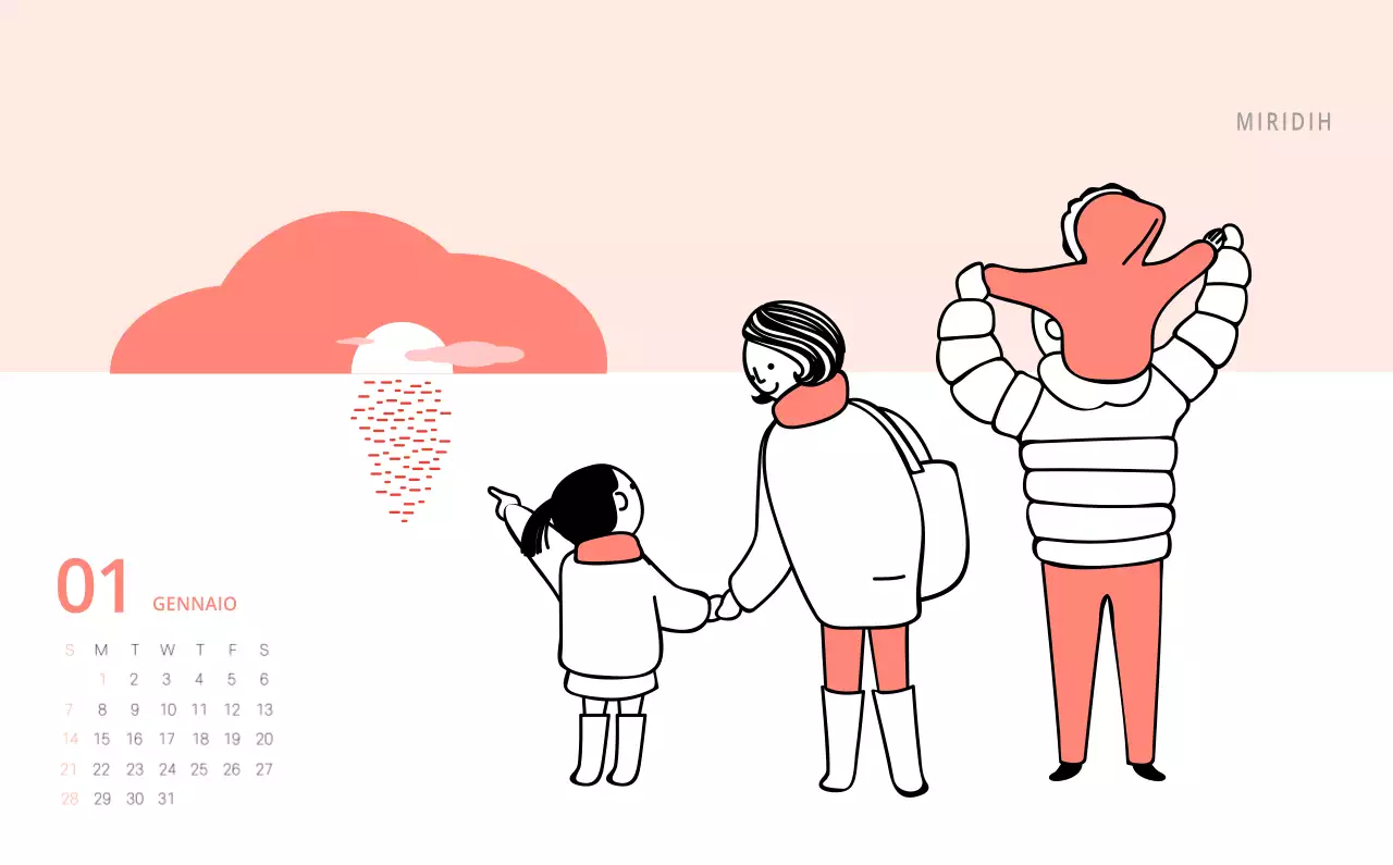 Simpatico calendario da tavolo illustrato verde a tema famiglia