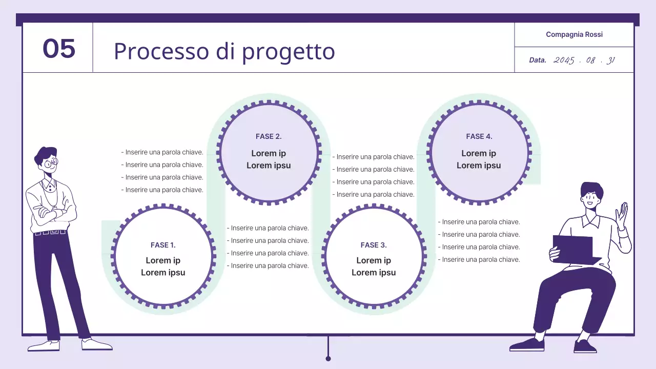 Una proposta con elementi a ingranaggi di colore viola e menta