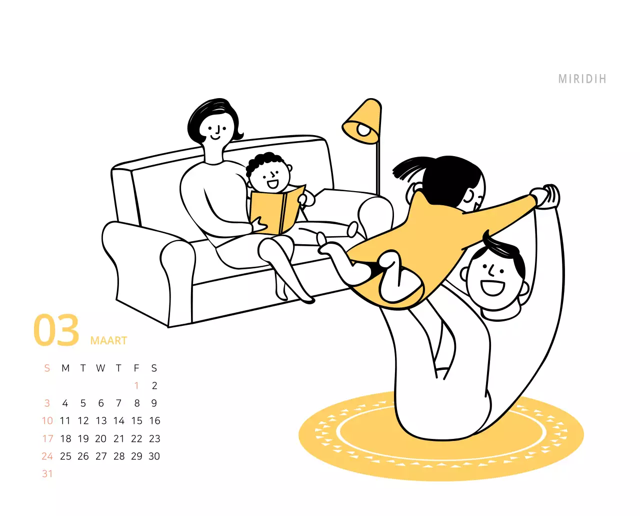 Schattige geïllustreerde groene bureaukalender met familiethema