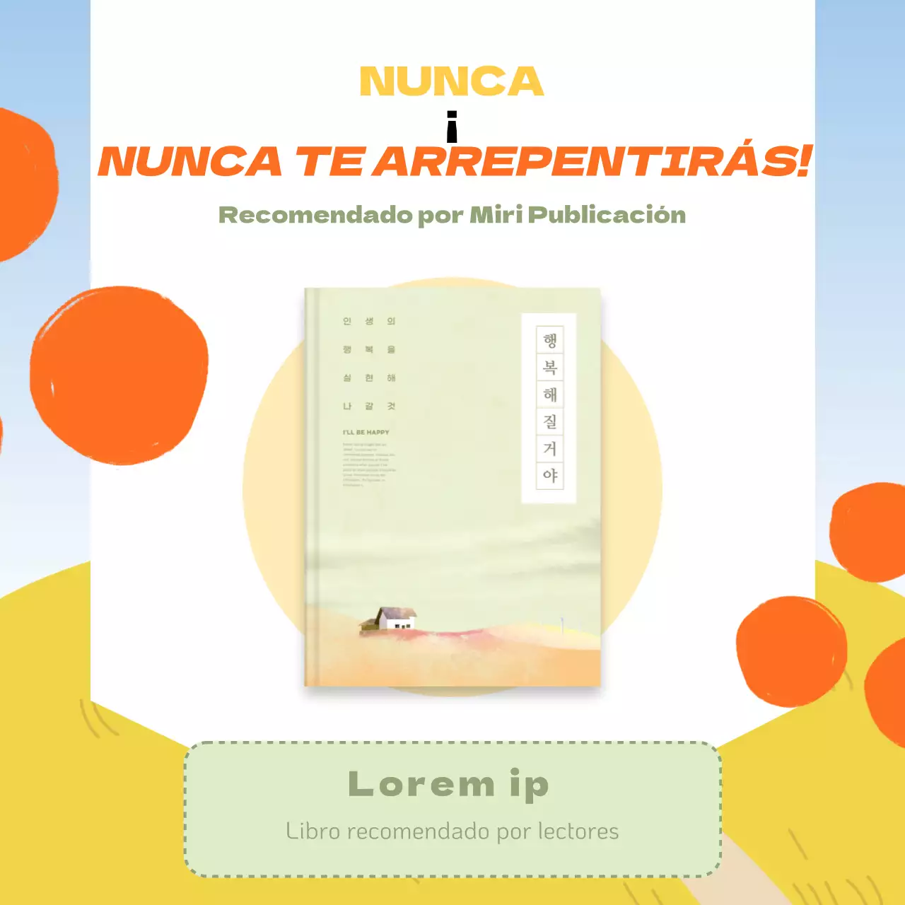 Promoción de recomendación de libros con fondo de ilustración amarillo y naranja V1