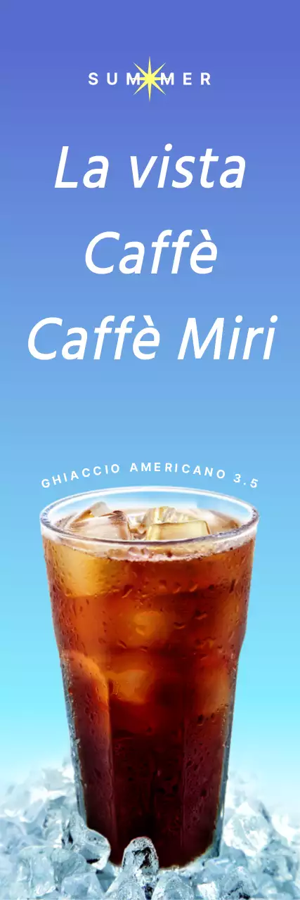 Uno striscione di ispirazione estiva all'esterno di un bar con testo e illustrazioni fotografiche di bevande estive.