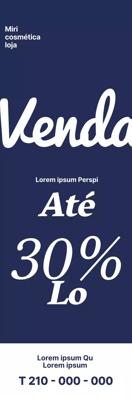 Cartaz de evento para uma loja de cosméticos com VENDA escrito em letra cursiva num fundo azul-marinho