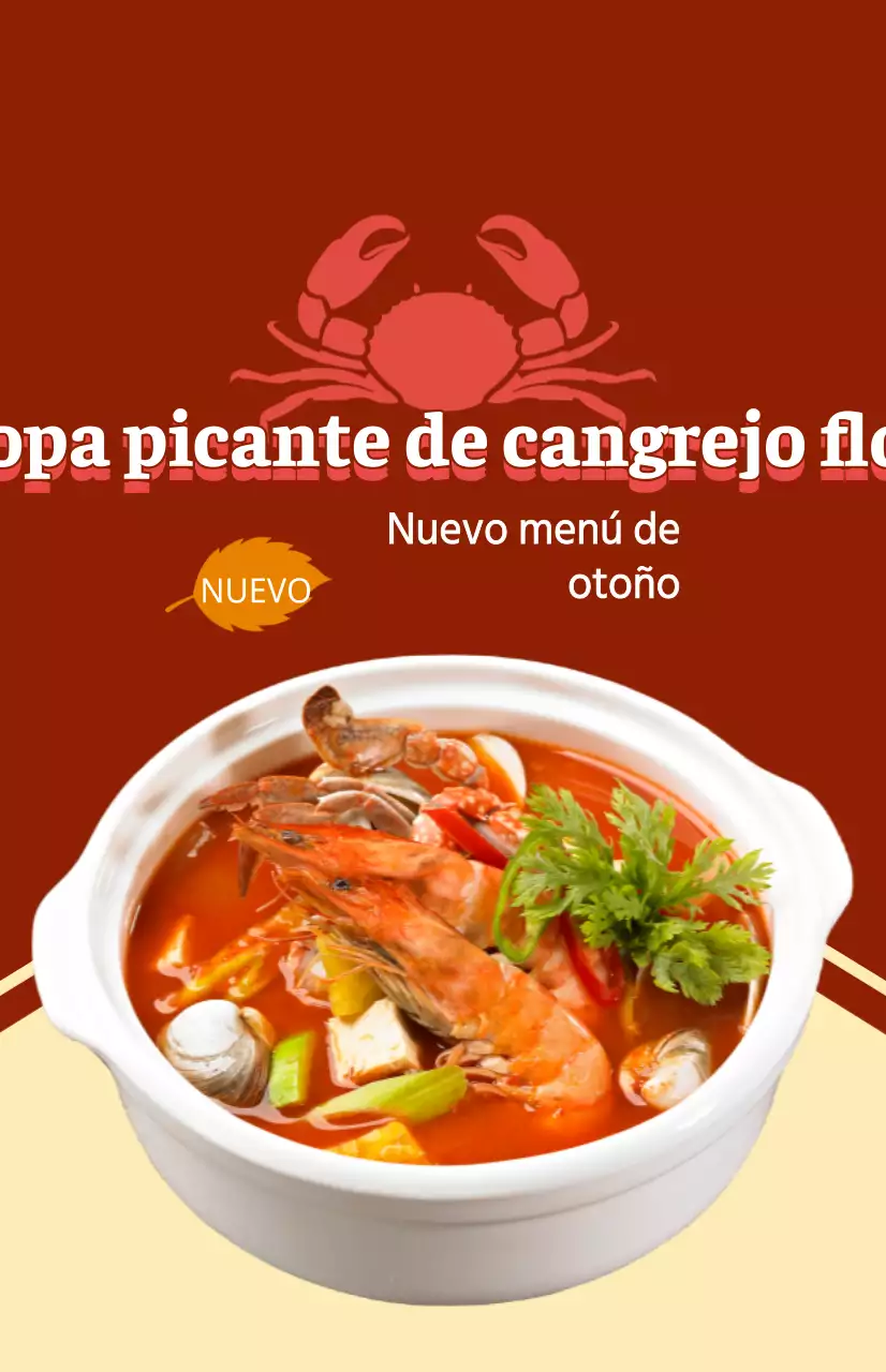 Una pieza promocional para un nuevo menú de otoño con texto e ilustraciones para un plato con cangrejos azules.