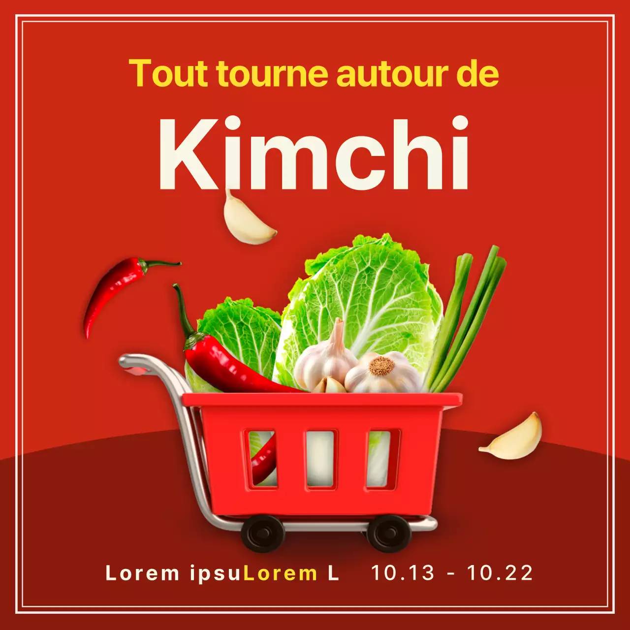 Publicité pour un paquet de kimchi rouge et jaune de base.