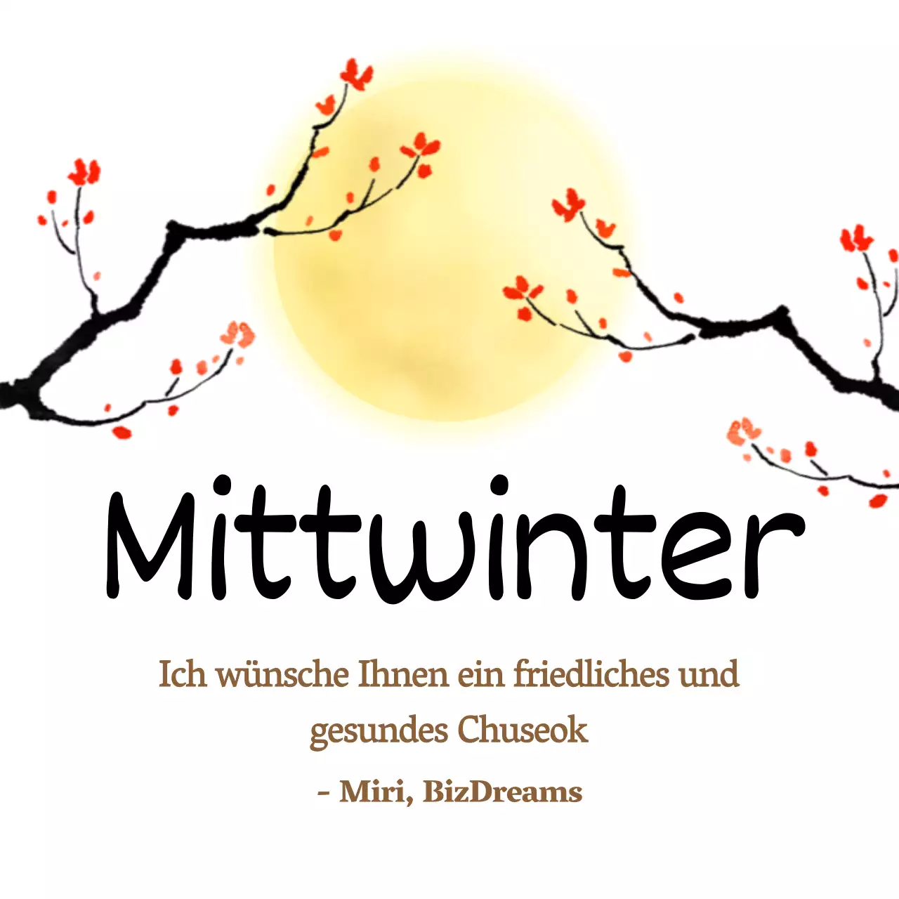 Mittherbstgruß mit gelbem Vollmond und rot blühendem Baum auf weißem Hintergrund