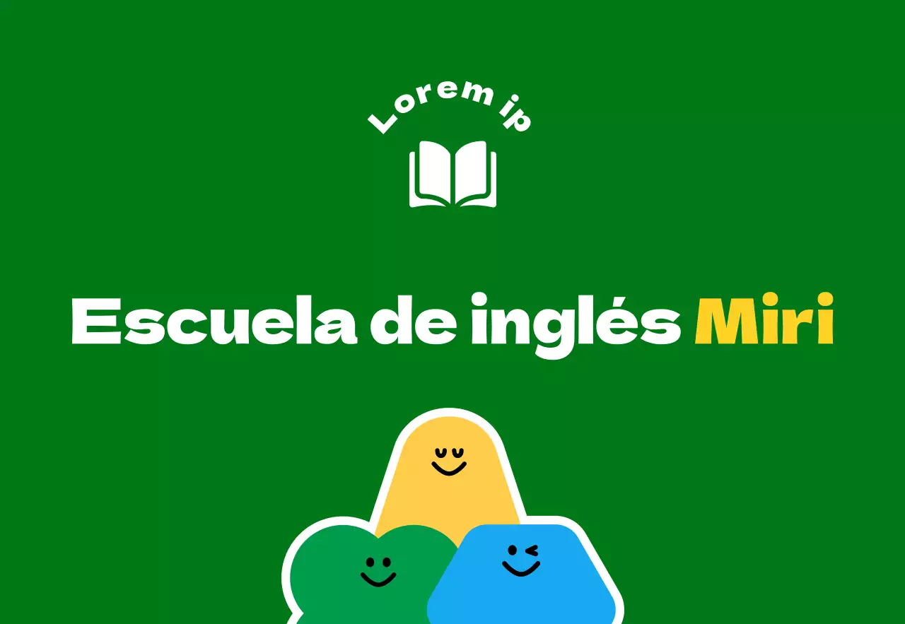 Para promocionar una escuela de inglés para alumnos de primaria con una simpática ilustración de un personaje de dibujos animados verde y amarillo.