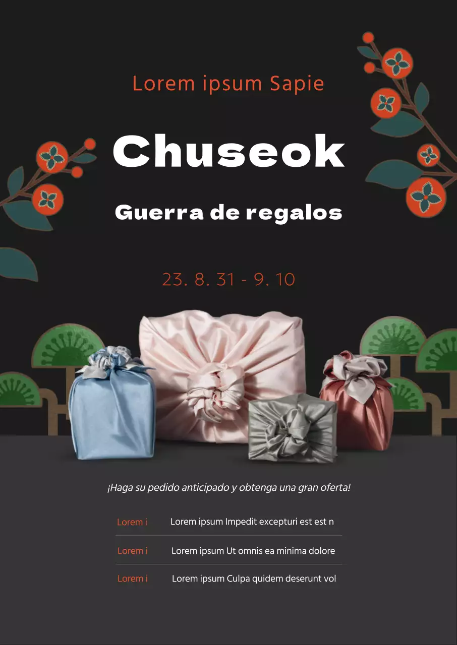 Promoción previa a la reserva del set de regalo Chuseok con lujosas ilustraciones tradicionales coreanas sobre fondo negro