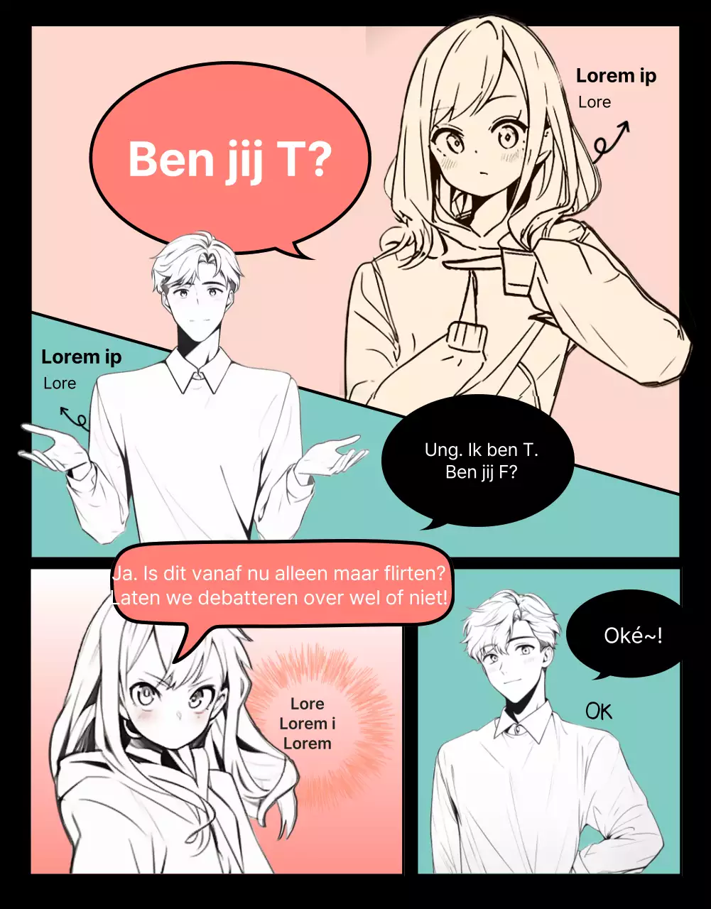 Plottende webtoon van mannelijke en vrouwelijke opwinding op een zwarte achtergrond