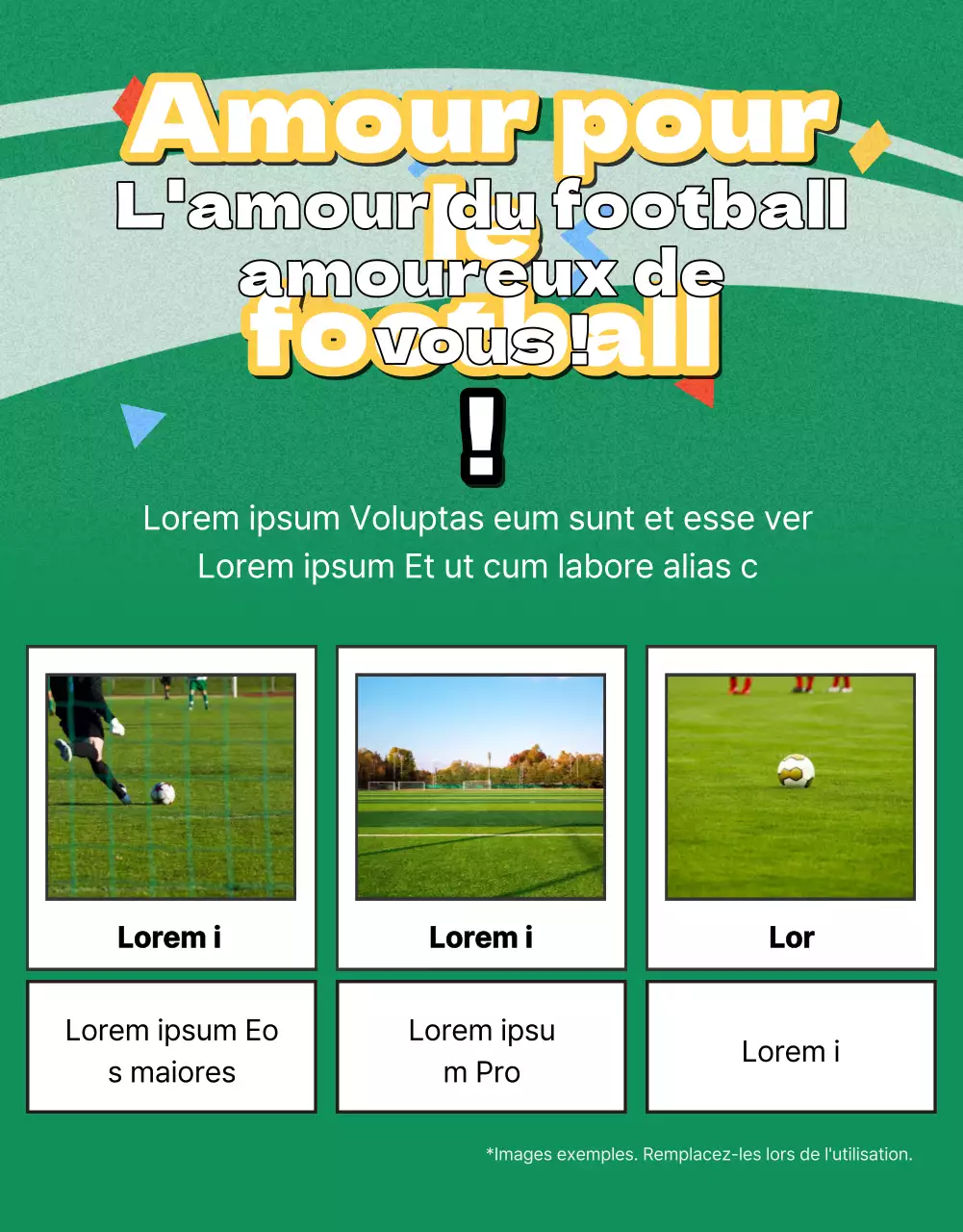Prospectus de recrutement pour le football féminin avec une photo d'un terrain de football vert