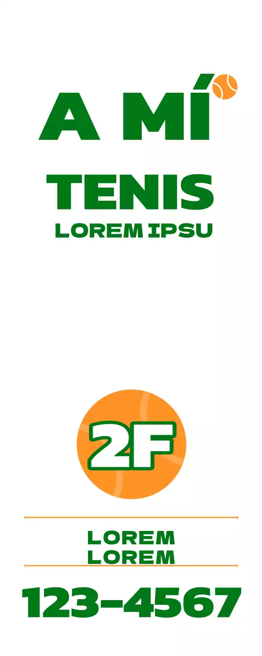 Promoción de una escuela de tenis con una ilustración de parafernalia de tenis en verde y naranja.