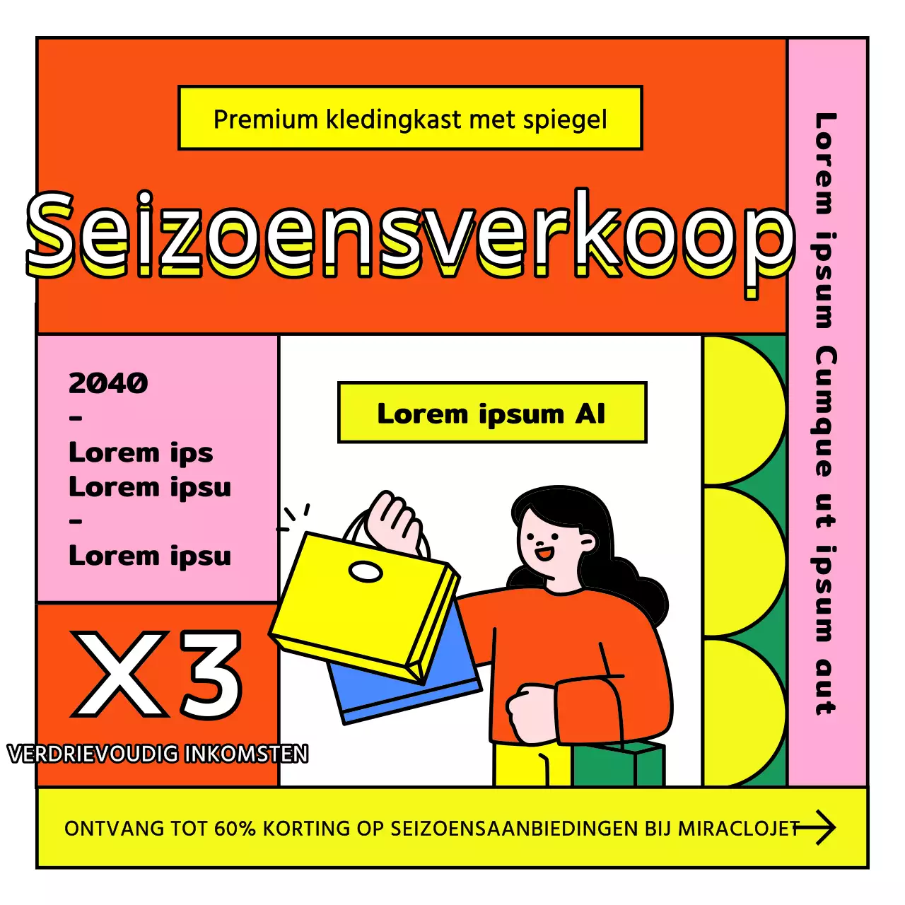 Adverteer een seizoensgebonden kledingverkoop met een verzadigde, kleurrijke kaderstijl in rood.