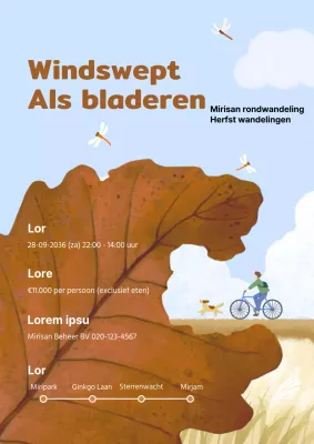 Lyrische herfstpastelschilderijen in bruinblauw eerste-persoonsperspectief om het herfstwandelingenprogramma te promoten.