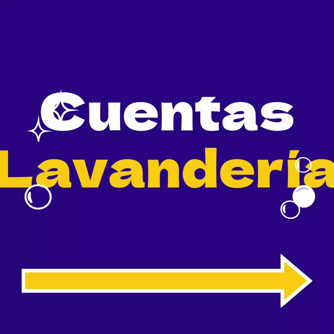 Señalización de tiendas fácil de leer con texto en azul, amarillo, naranja y blanco de lavandería de cuentas e ilustraciones de lunares, estrellas y flechas.