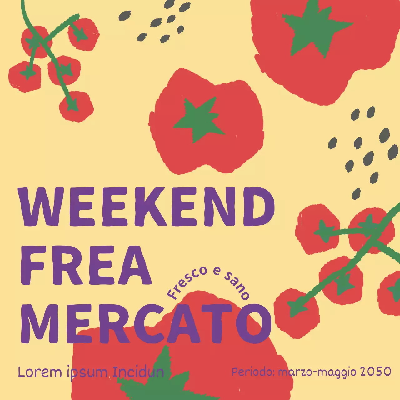 Promuovere l'apertura di uno schioppo di pomodori rossi e gialli in un mercato agricolo.