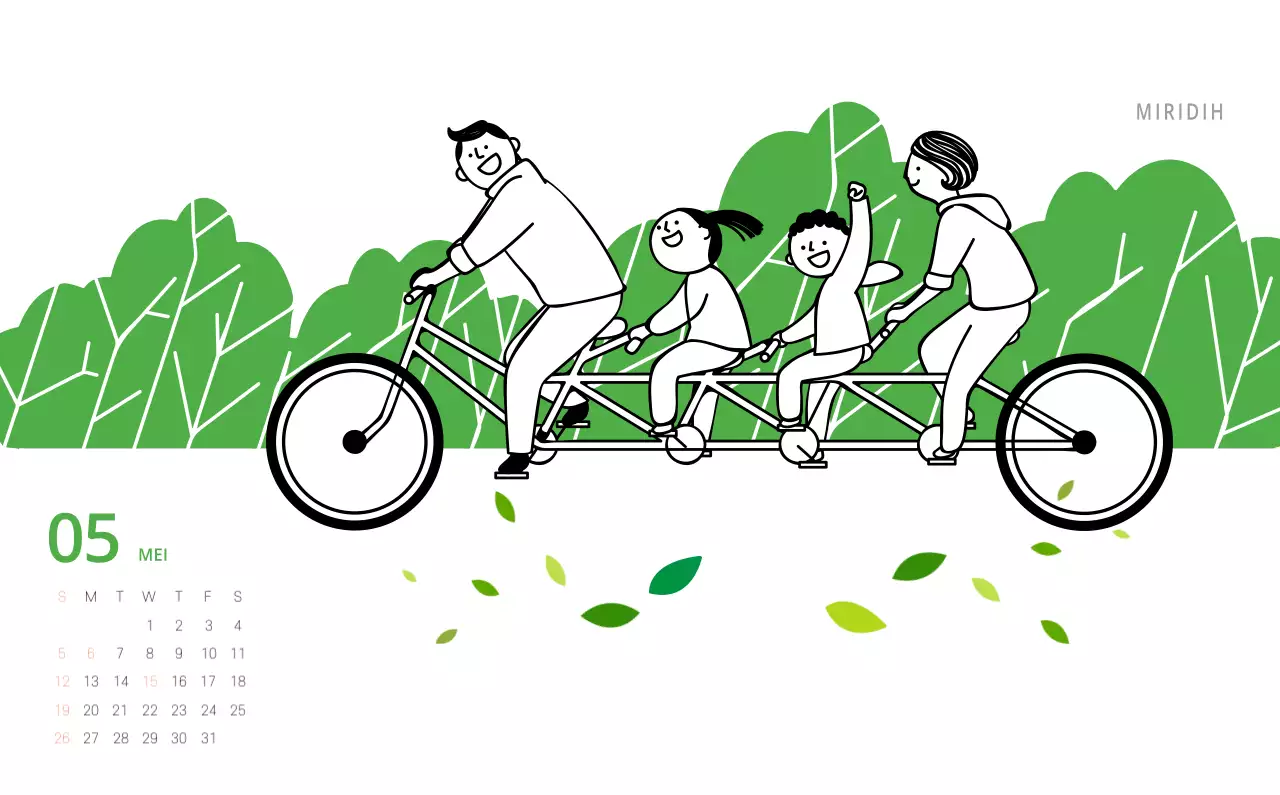 Schattige geïllustreerde groene bureaukalender met familiethema