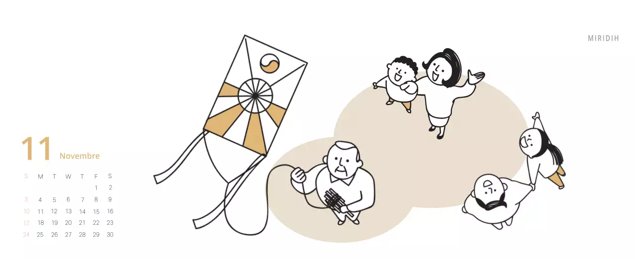 Calendrier de bureau illustré vert sur le thème de la famille