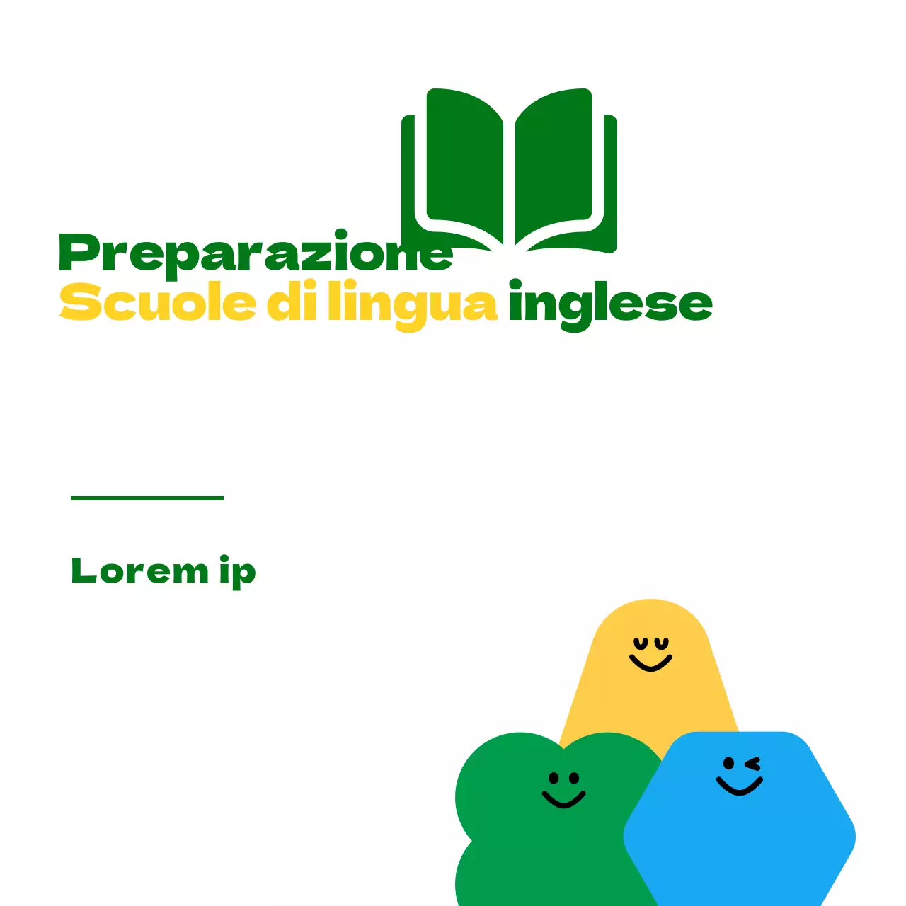 Per la promozione di una scuola di lingua inglese per studenti delle elementari con una simpatica illustrazione di un personaggio dei cartoni animati verde e giallo.