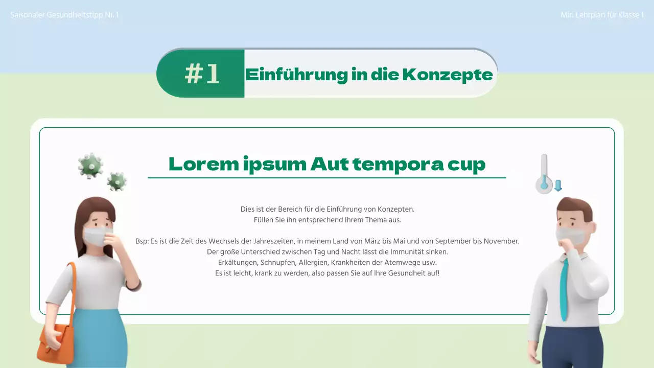 Einführung in das Konzept der saisonalen Gesundheitsversorgung mit 3D-Illustrationen in Chartreuse und Hellblau.
