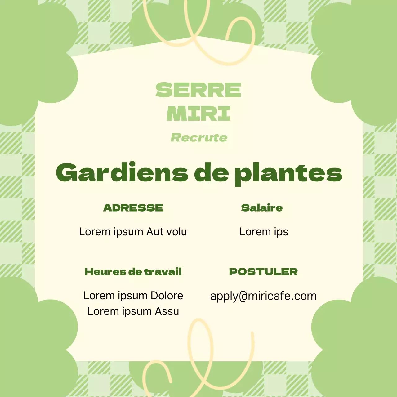 Offre d'emploi sur fond de carreaux verts pastel et de décoration florale V1