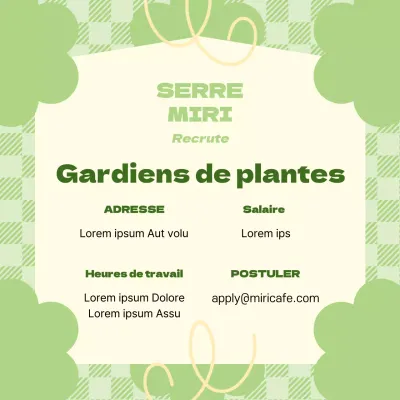 Offre d'emploi sur fond de carreaux verts pastel et de décoration florale V1