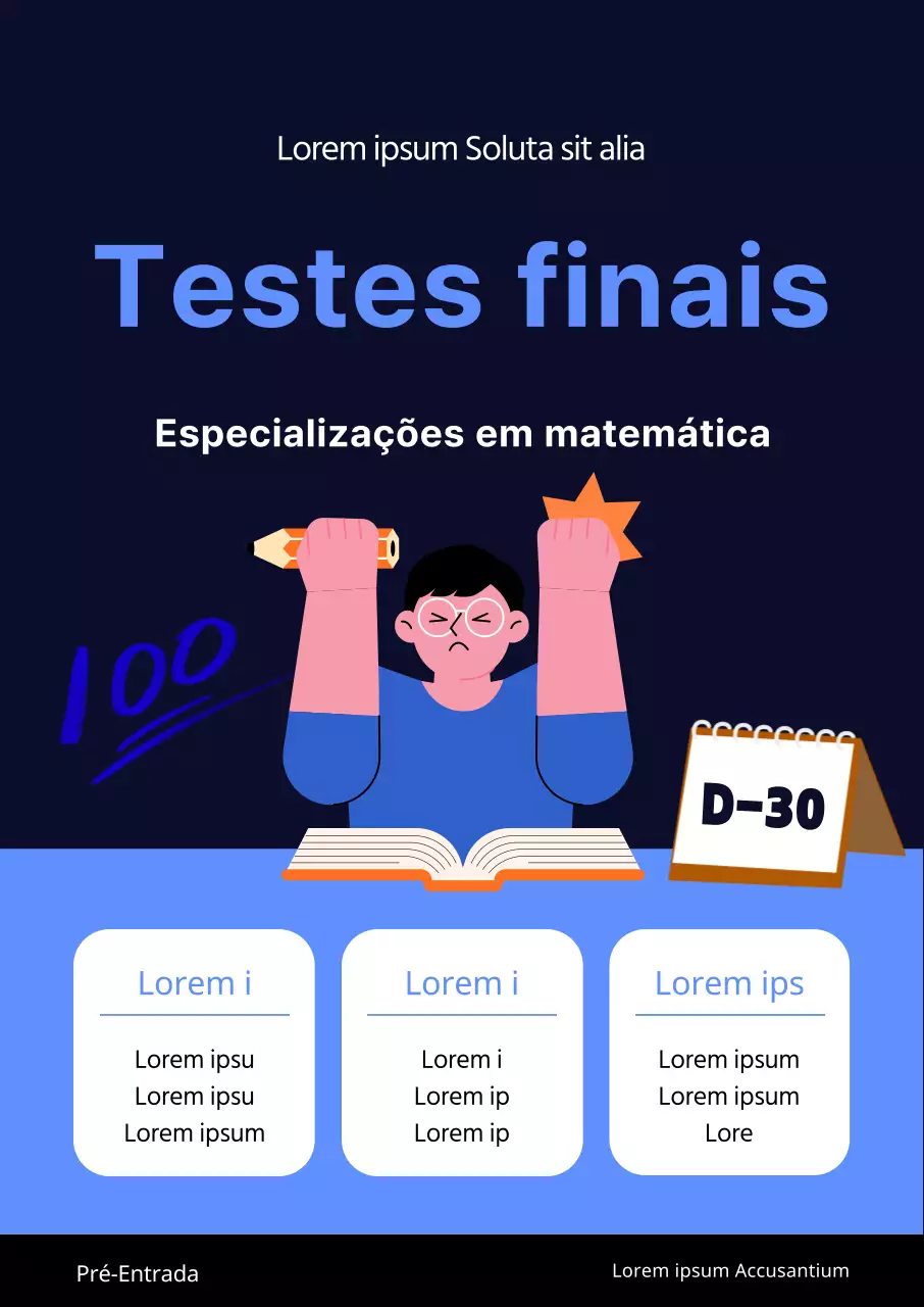 Promoção escolar com uma ilustração a azul de um aluno a estudar para um teste
