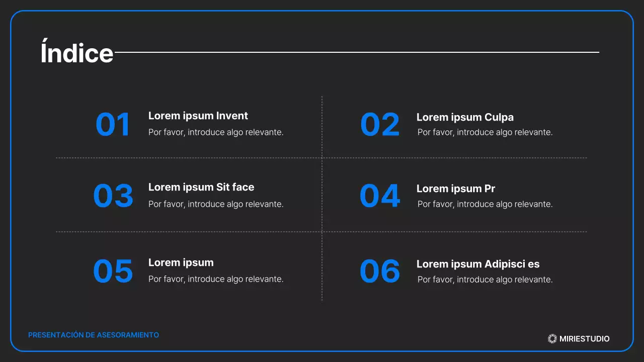 Una presentación de admisión minimalista en negro y azul