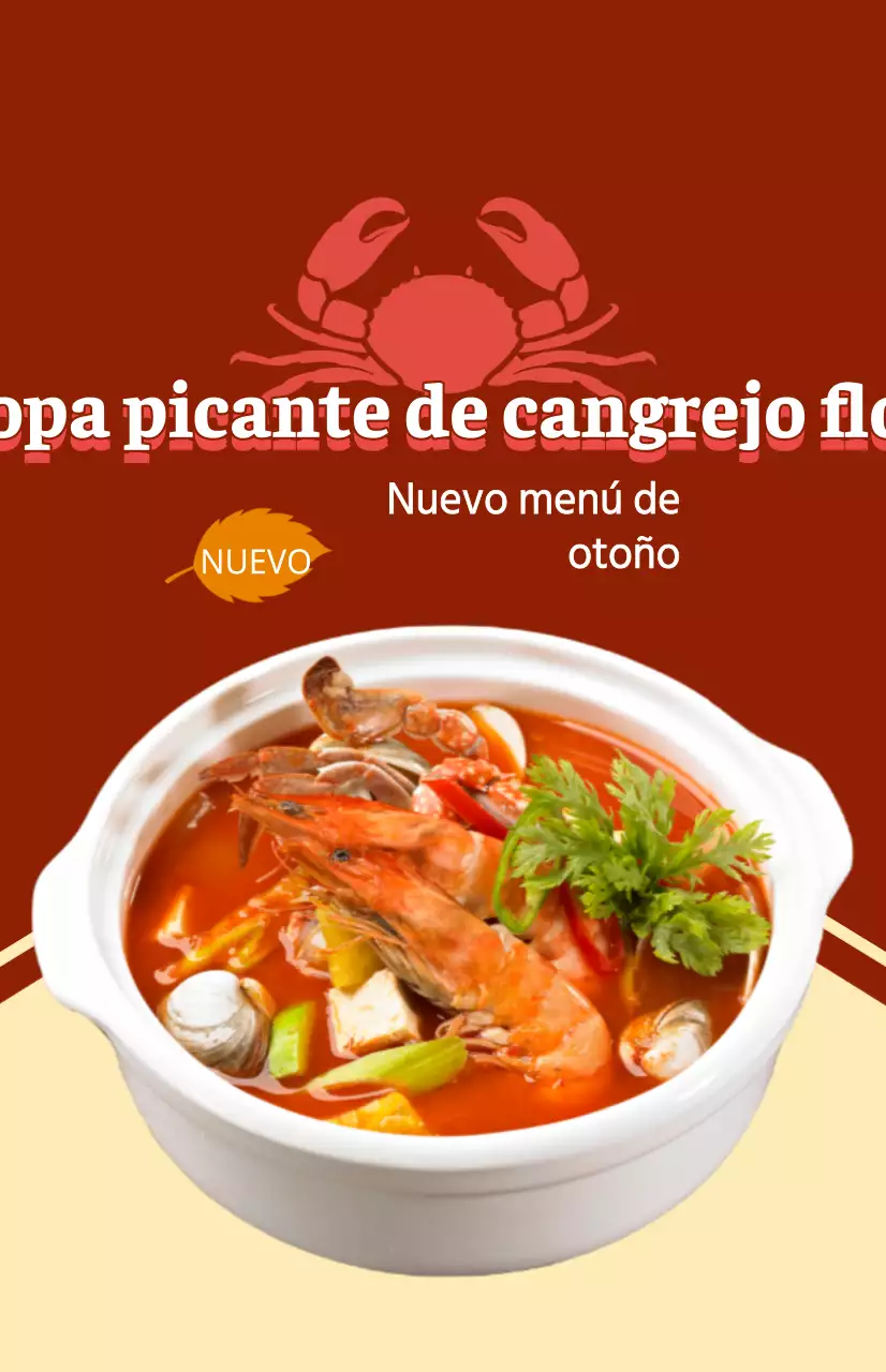 Una pieza promocional para un nuevo menú de otoño con texto e ilustraciones para un plato con cangrejos azules.