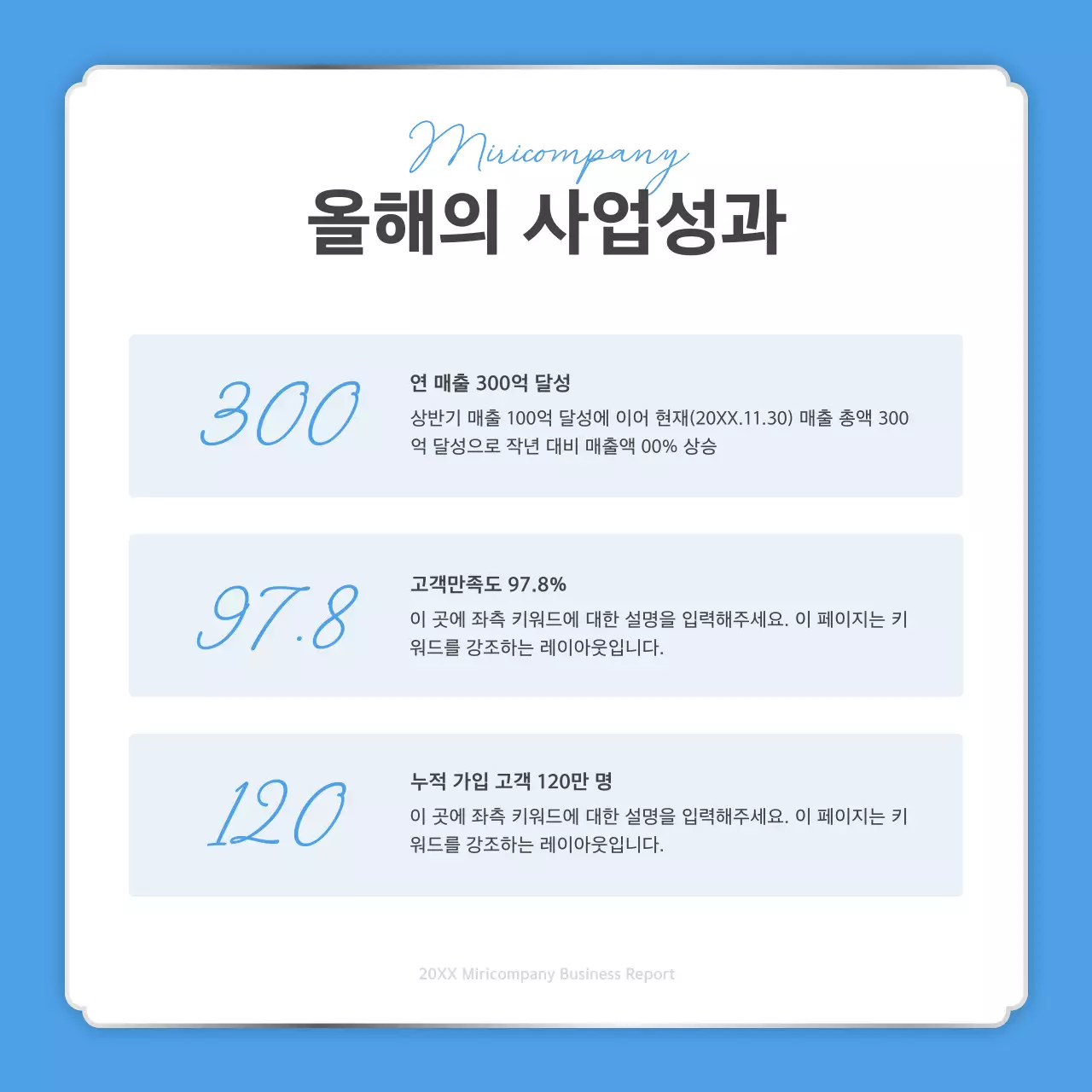 하늘색과 흰색의 심플한 연말 성과 보고 게시글