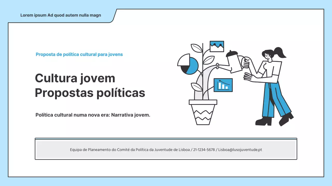 Uma proposta política com uma ilustração simples em azul claro e uma forma de ponto de índice.