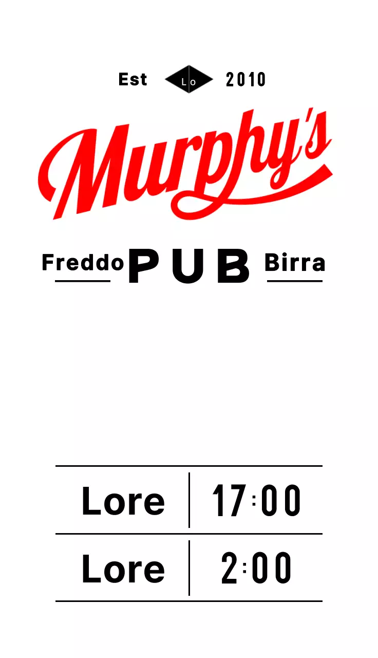 Un cartello per gli orari di apertura del menu dall'aspetto retrò con testo e illustrazioni in bianco, nero e rosso della vetrina di un pub