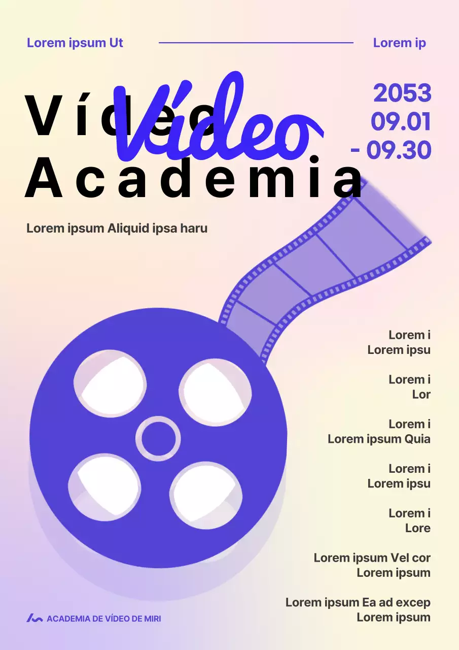 Material promocional com detalhes em roxo e um símbolo de fonte de filme de vídeo
