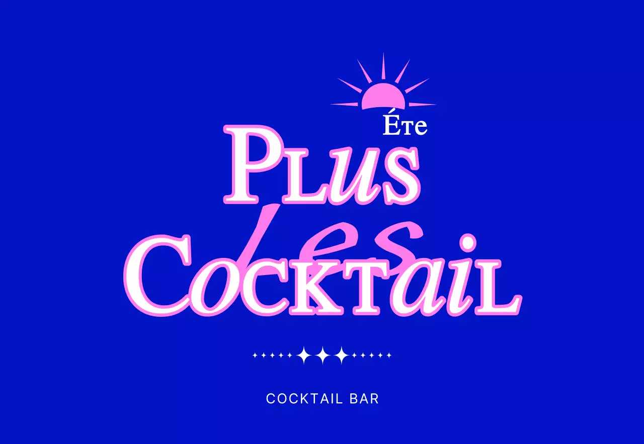 Promotion d'un bar à cocktails avec une illustration de soleil bleu et rose