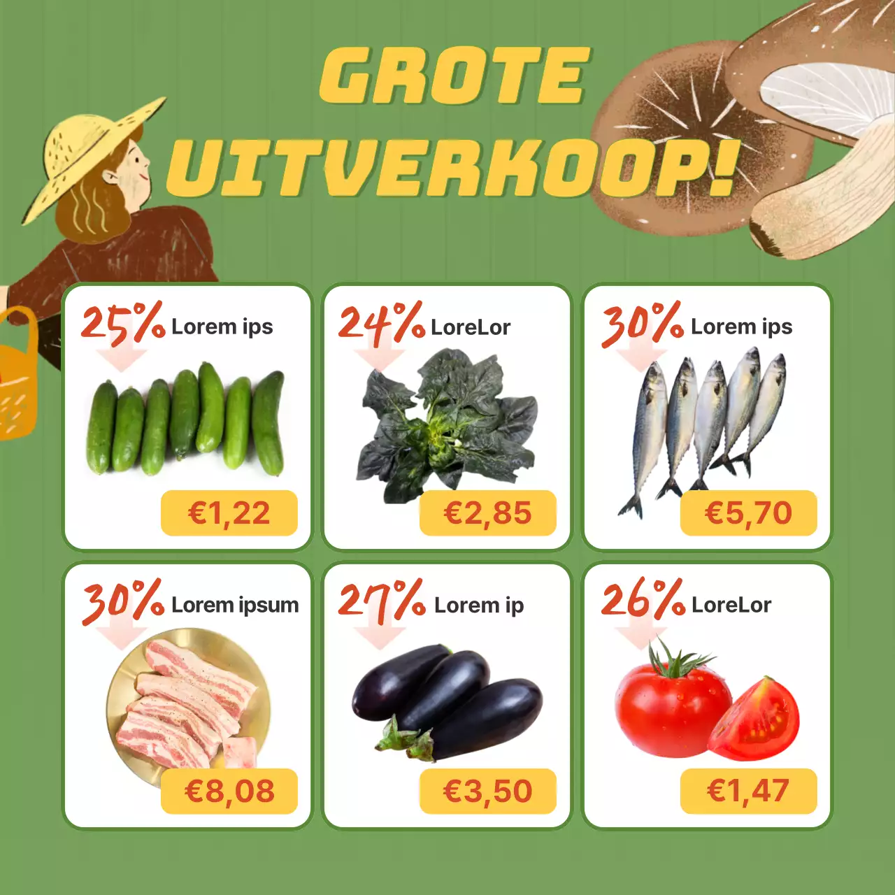 Een promotie voor een boerenmarkt met een limoengroene illustratie van groenten.