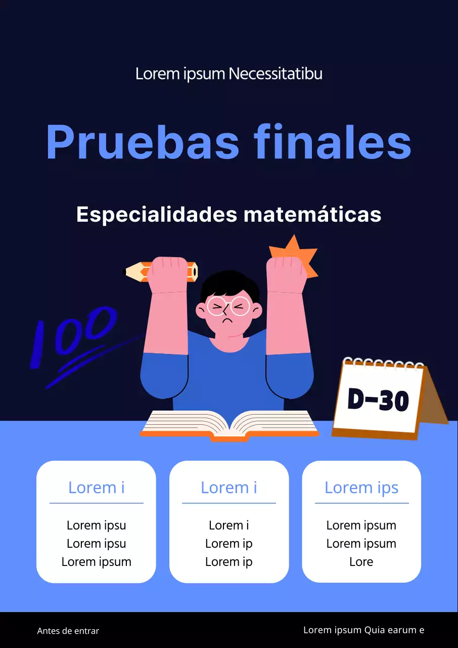Promoción escolar con una ilustración azul de un estudiante estudiando para un examen