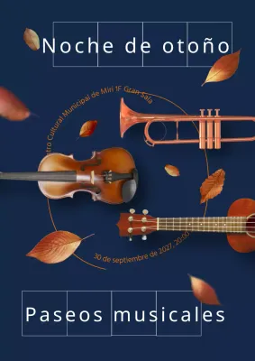 Azul marino marrón pulcro, oscuro y tranquilo concepto otoño e instrumento musical combinación de objetos para promocionar conciertos de otoño