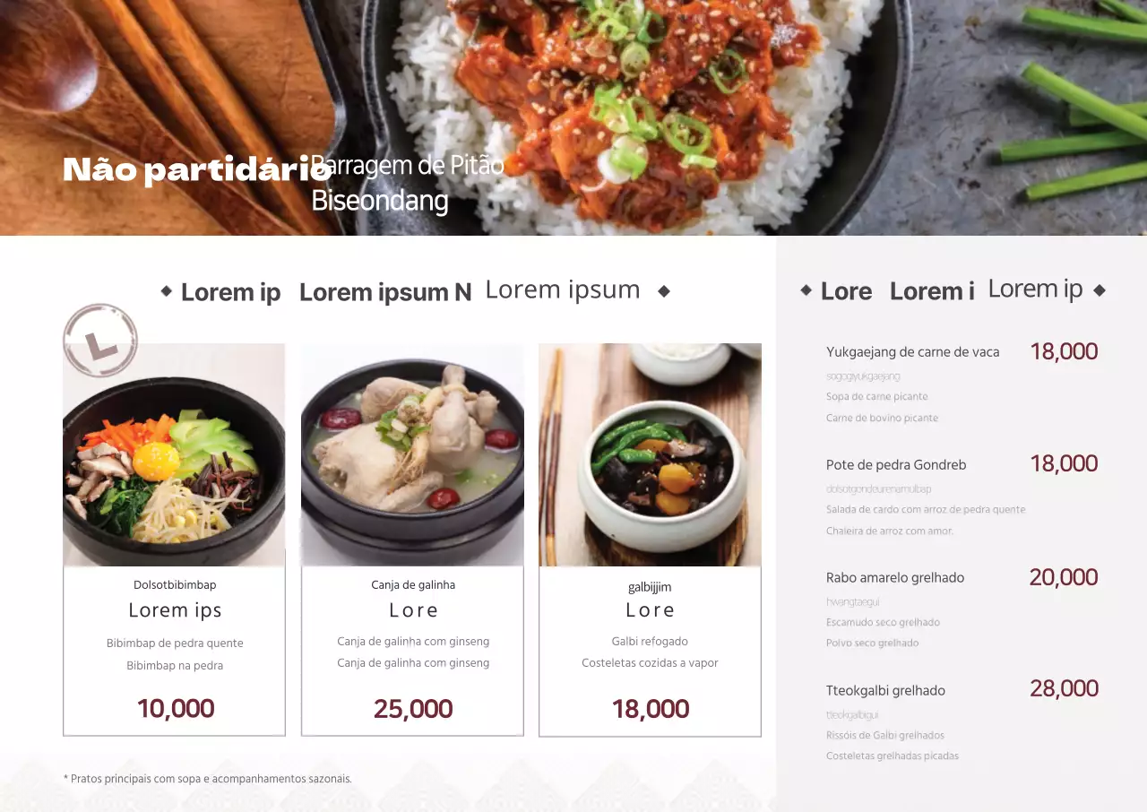 Quadro de menu multilingue coreano com fotografias e esquema de cores branco