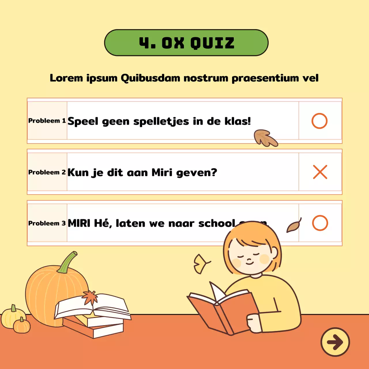 Koreaans lesmateriaal met schattige illustraties in geel en oranje