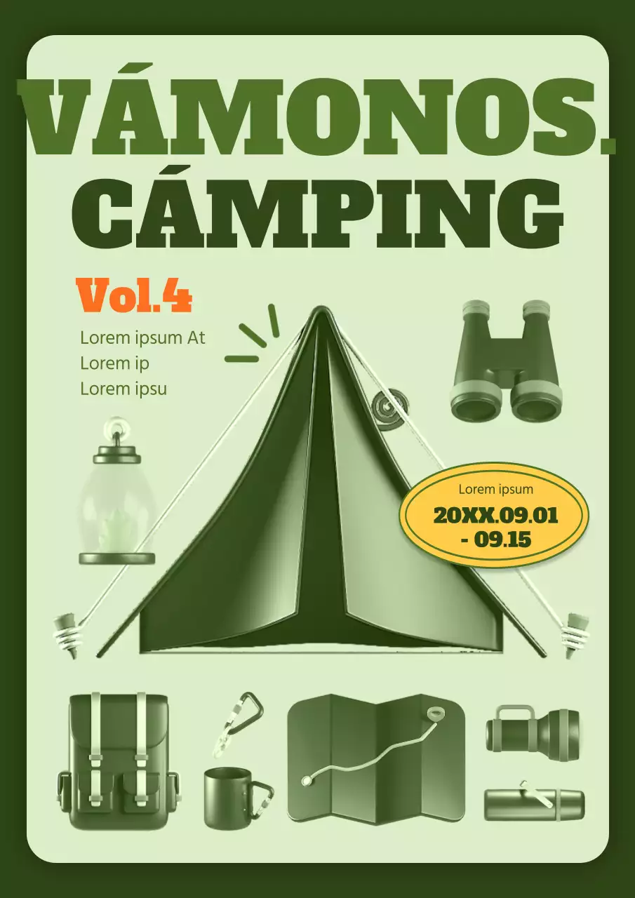 Promover el camping con ilustraciones de equipos de camping en colores verdes