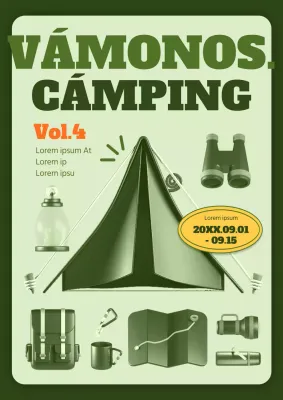 Promover el camping con ilustraciones de equipos de camping en colores verdes