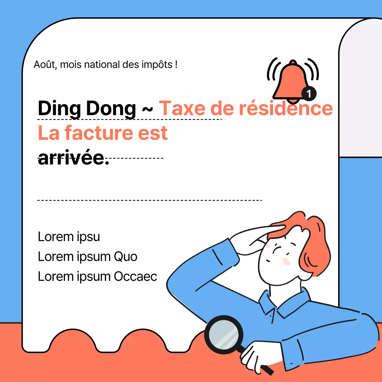 Illustration bleu clair et orange des instructions de paiement de la taxe de résidence