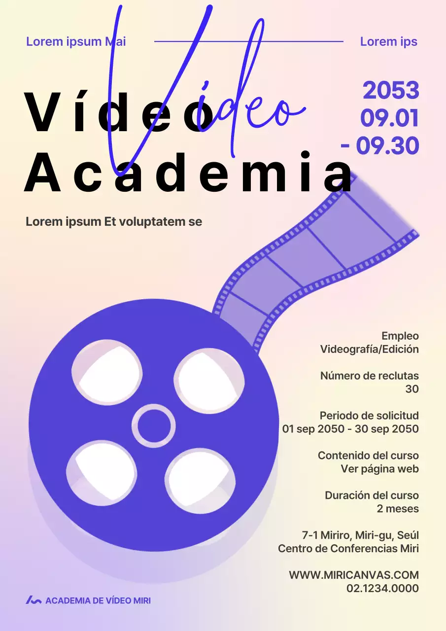 Material promocional con acentos morados y un símbolo de fuente de película de vídeo